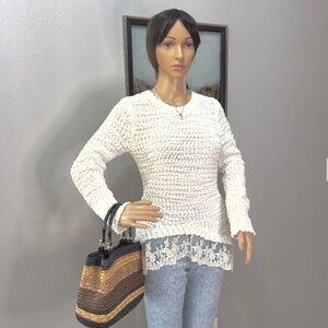 White Long Sleeve Sweater with Lace Trim